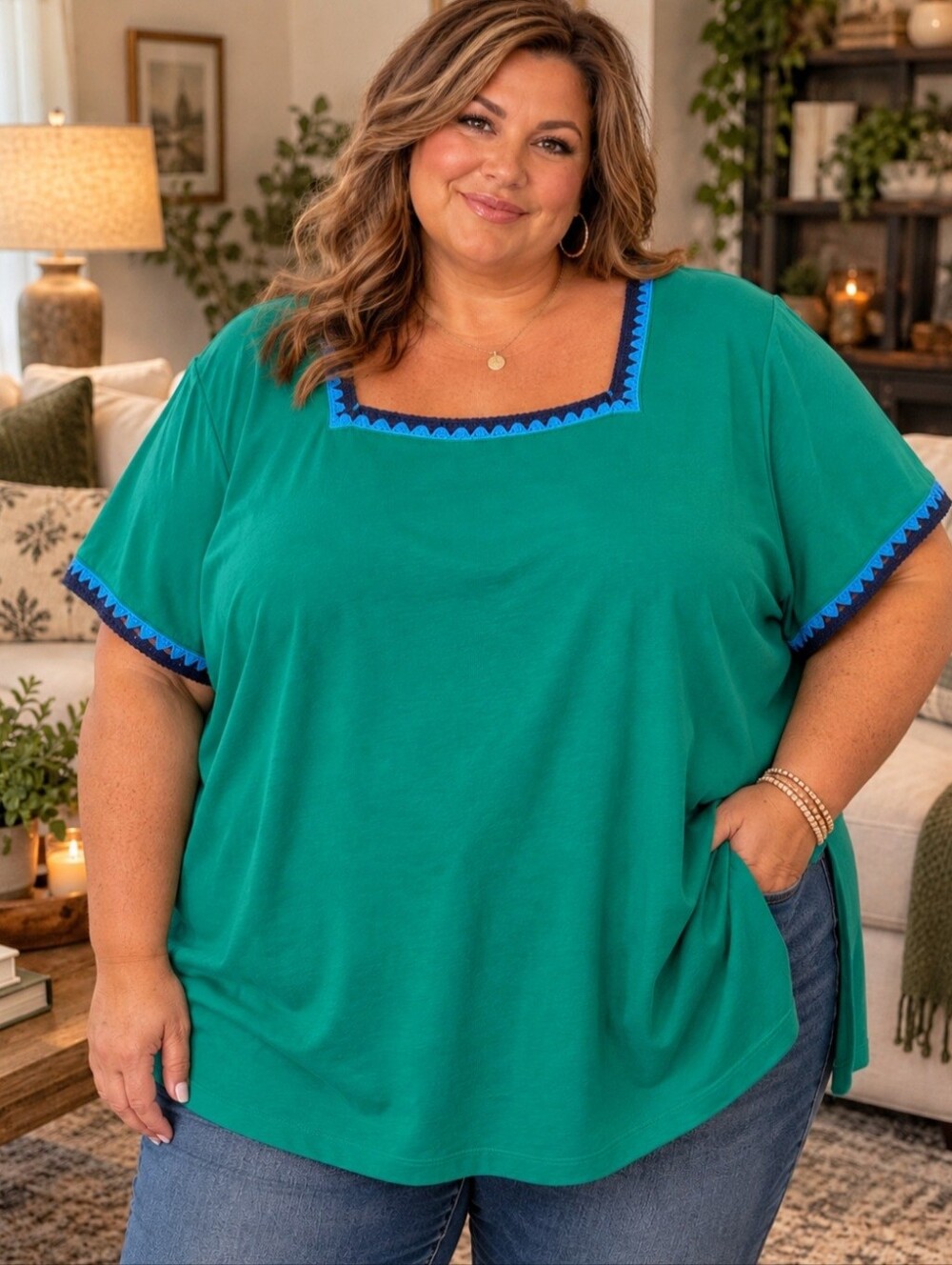 Isaac Mizrahi Live Plus Size 5X Green square neck 100% Cotton Casual tee t-shirt